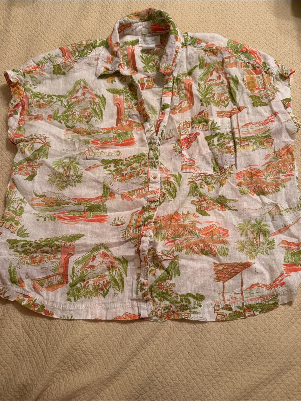 Women’s 100% linen Short-Sleeve Beach Print Shirt - White with Green & Orange